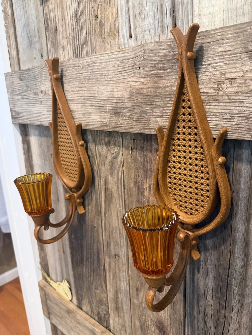 Pair of Vintage BOHO Homco faux-rattan Amber Glass Wall Sconces